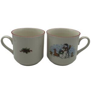 Vintage Salem China Snowmen Mug Set Of 2 Christmas Holiday Red Trim Collectible